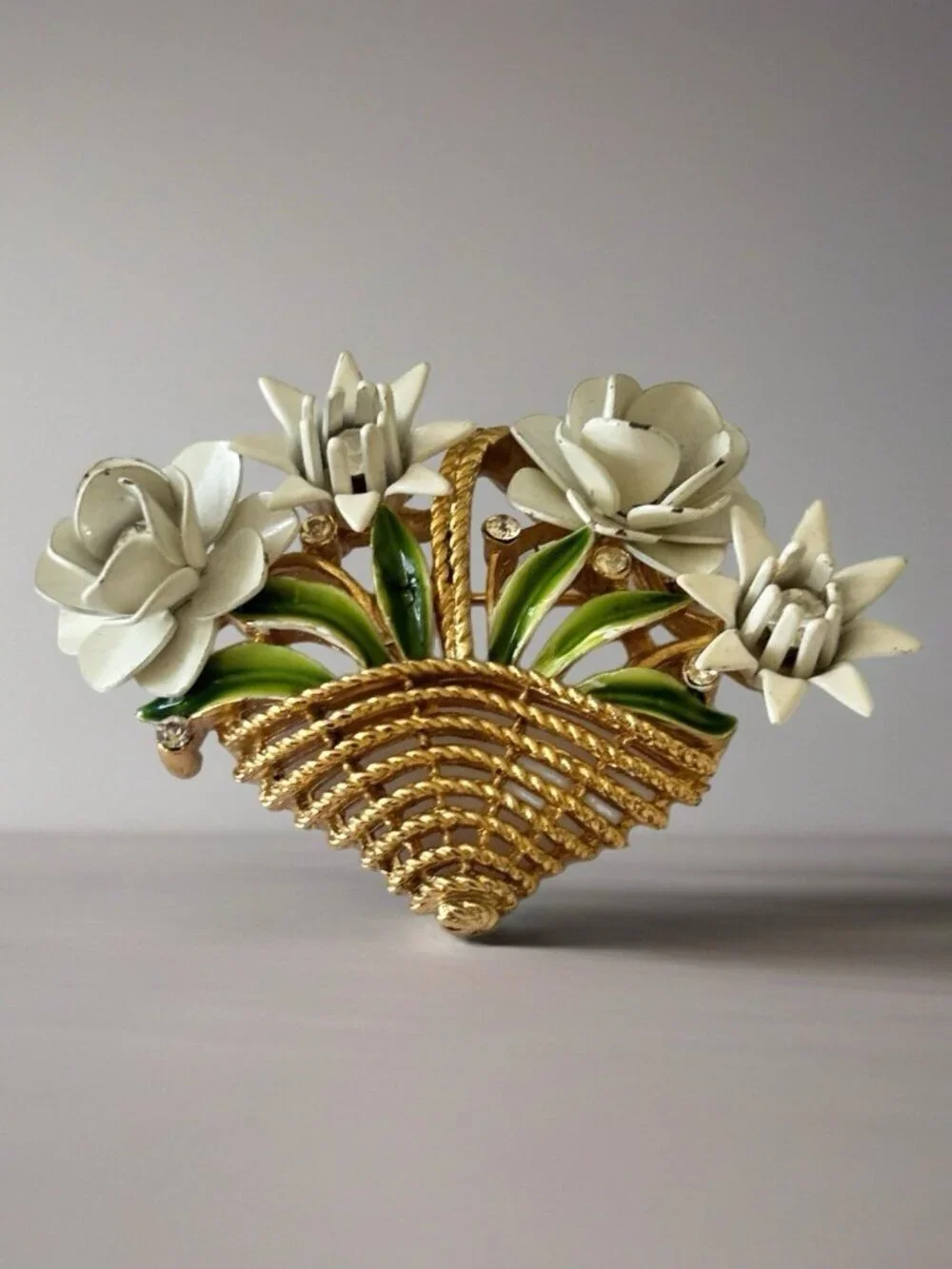 Trifari Gold Tone White Enamel Roses Spring Flower Basket Brooch Pin Vintage